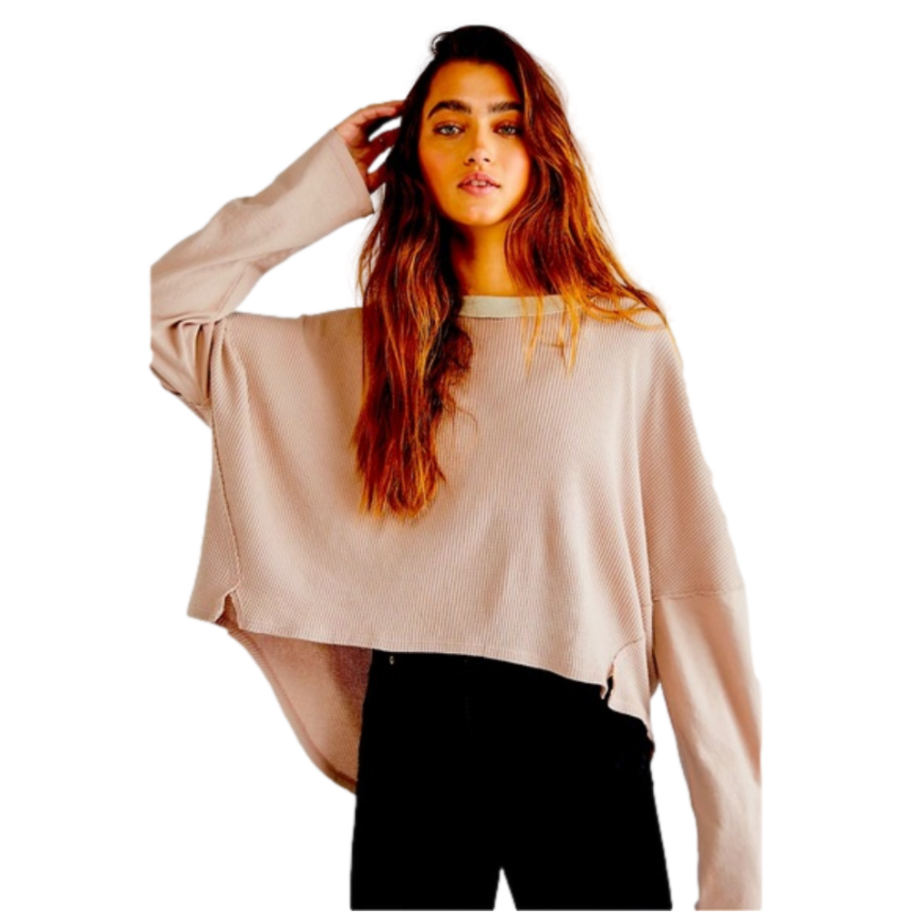 WE THE FREE Waffle Knit Mix Texture High Low Oversized Long Sleeve Top Two Tone
